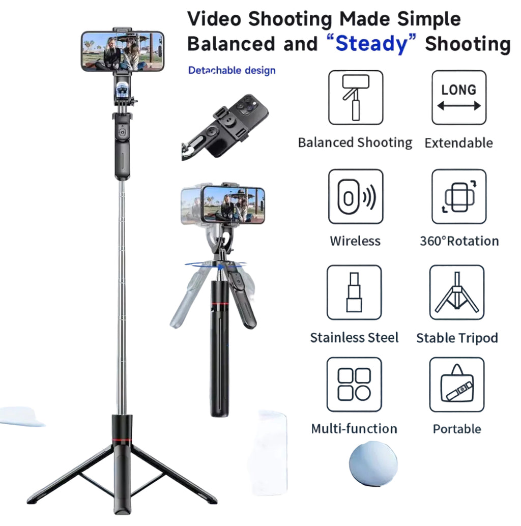 Extendable Phone Tripod Selfie Stick with Bluetooth Remote – 1.7m