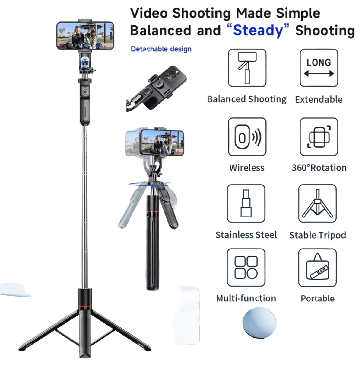 Extendable Phone Tripod Selfie Stick with Bluetooth Remote – 1.7m