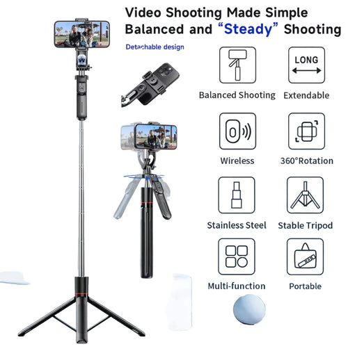 Extendable Phone Tripod Selfie Stick with Bluetooth Remote – 1.7m